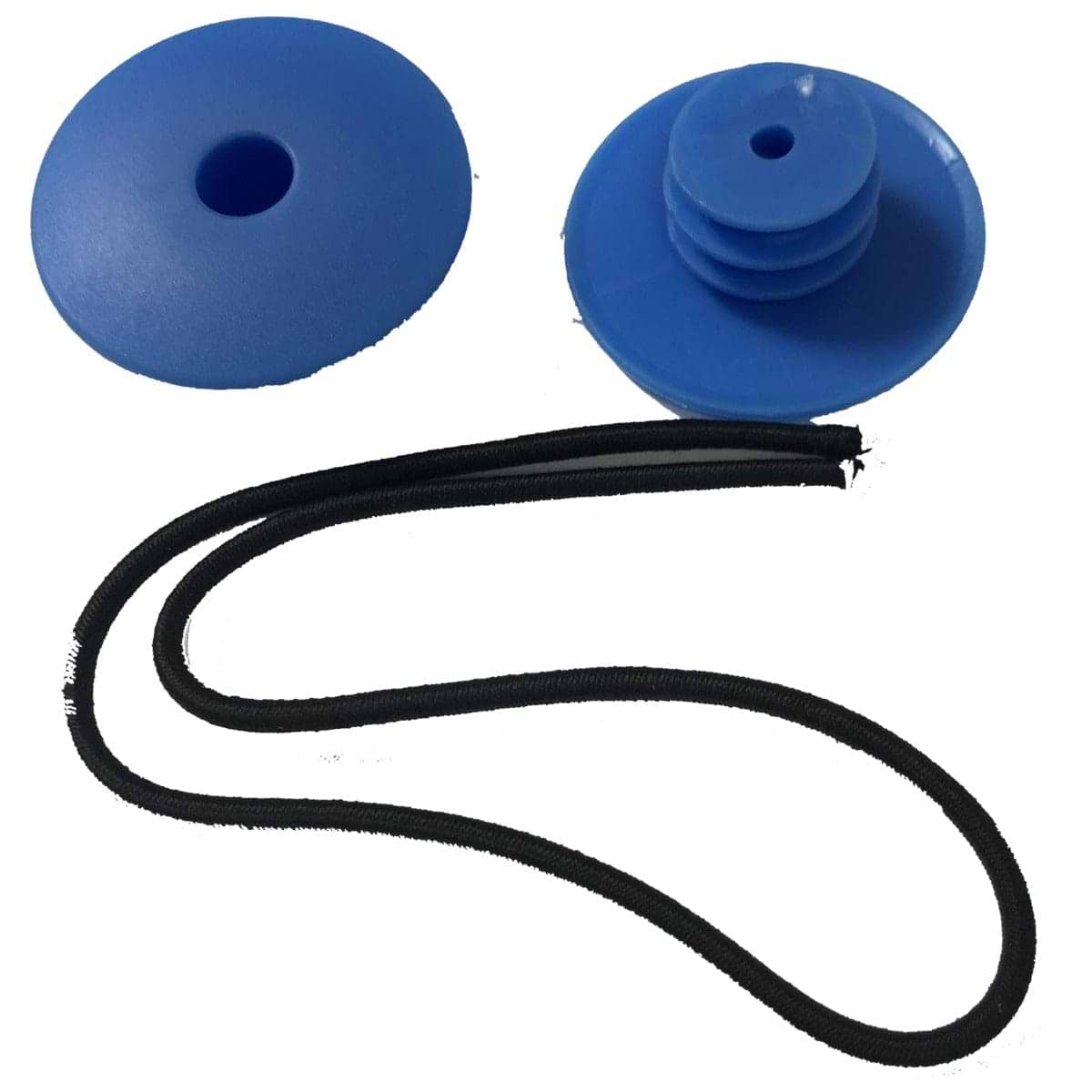 Two JD Bug Original Street Scooter Bar Ends in Reflex Blue, made of plastic and featuring a central hole, are displayed on a white background with a black elastic band looped loosely nearby, making them perfect for maintaining your scooter's handlebar ends.