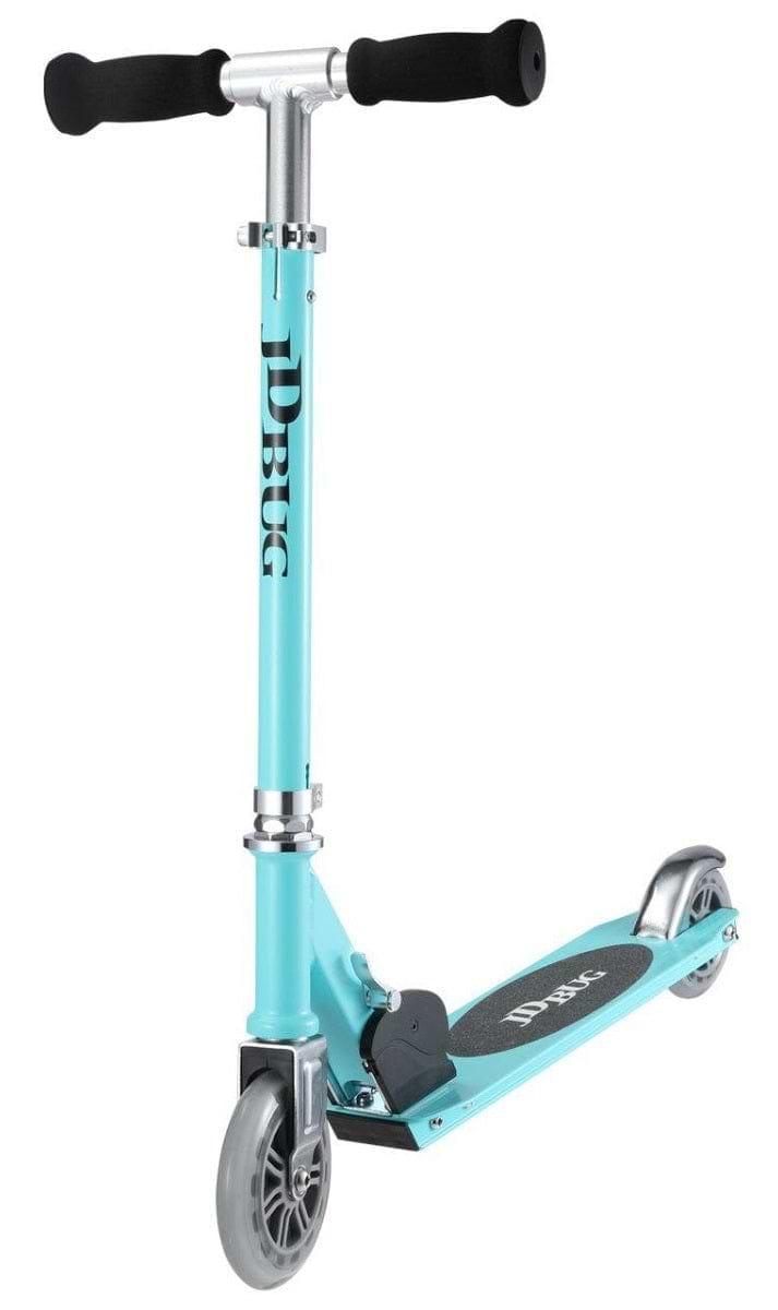 The JD Bug Junior Street MS100 Kids Foldable Kick Scooter in matt teal features black handlebars, silver accents, a grip deck with the JDBUG logo, and two grey wheels. It's perfect for young riders seeking a vibrant ride.