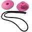 Pink plastic JD Bug Original Street Scooter Bar Ends with a threaded design are positioned beside a black elastic cord on a white background, ideal for securing accessories on your JD Bug scooter.