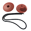 The JD Bug Original Street Scooter Bar Ends (Pair) - Red consists of two circular red plastic pieces connected by a black elastic cord. The left piece is flat with a central hole, while the right has a protruding section with an additional hole, designed similarly to accessories on a JD Bug or Street Scooter.
