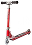 The JD Bug Original Street MS130B Foldable Kick Scooter - Red Glow Pearl features adjustable handlebars, black foam grips, a non-slip deck, small front and rear wheels, and a rear foot brake. This lightweight scooter for kids stands upright elegantly and is ready for adventure.