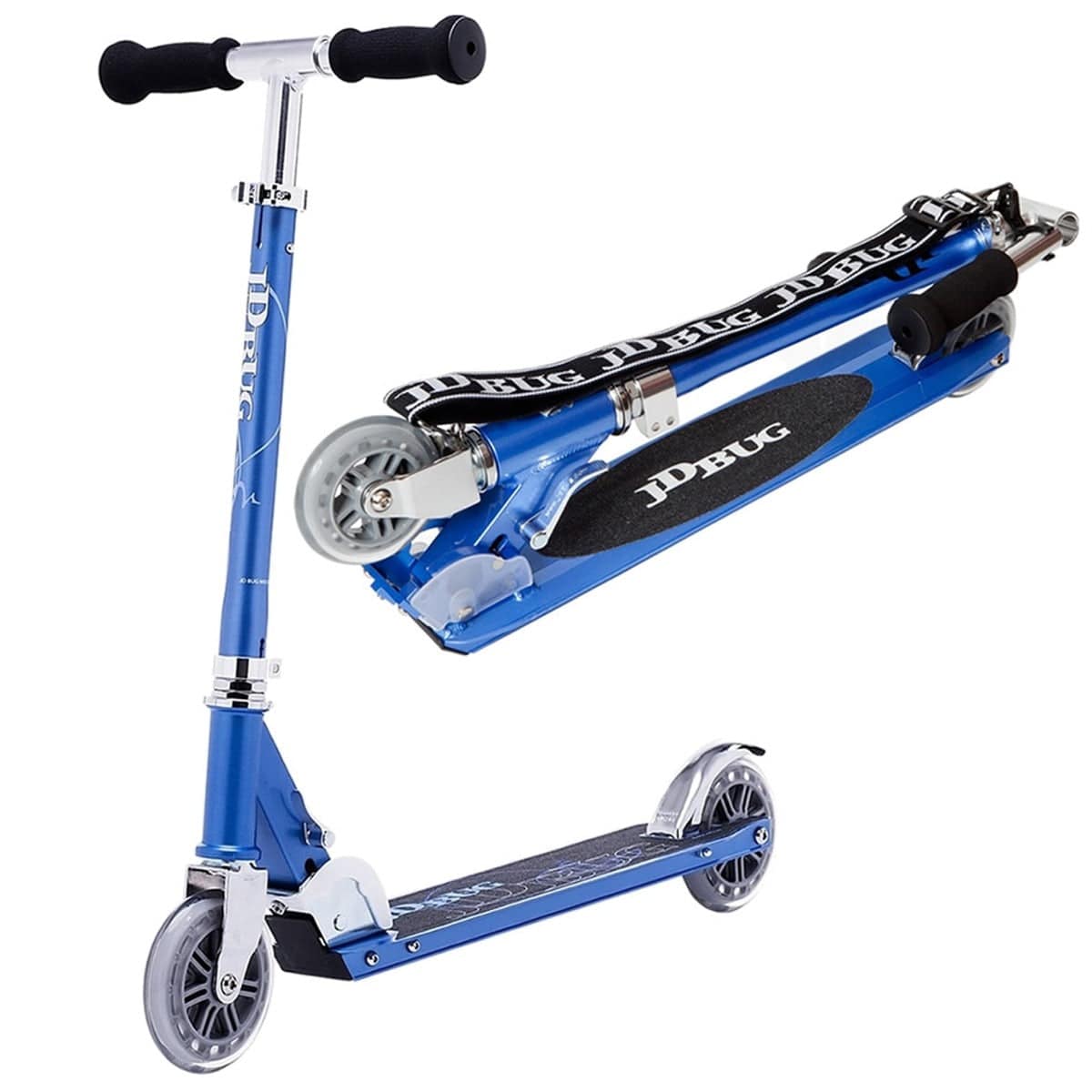 The JD Bug Original Street MS130B Reflex Blue scooter features a foldable design with black grips, silver accents, and is shown folded/unfolded. The brand name is on the deck/strap. This lightweight kick scooter has dual wheels and a rear foot brake for kids.