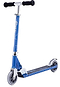 A JD Bug Classic Street 120 Kids Foldable Kick Scooter in Reflex Blue stands against a white background, featuring a silver steering column, black foam handle grips, and clear wheels. Its deck displays a graphic design and boasts a lightweight construction for easy transport.