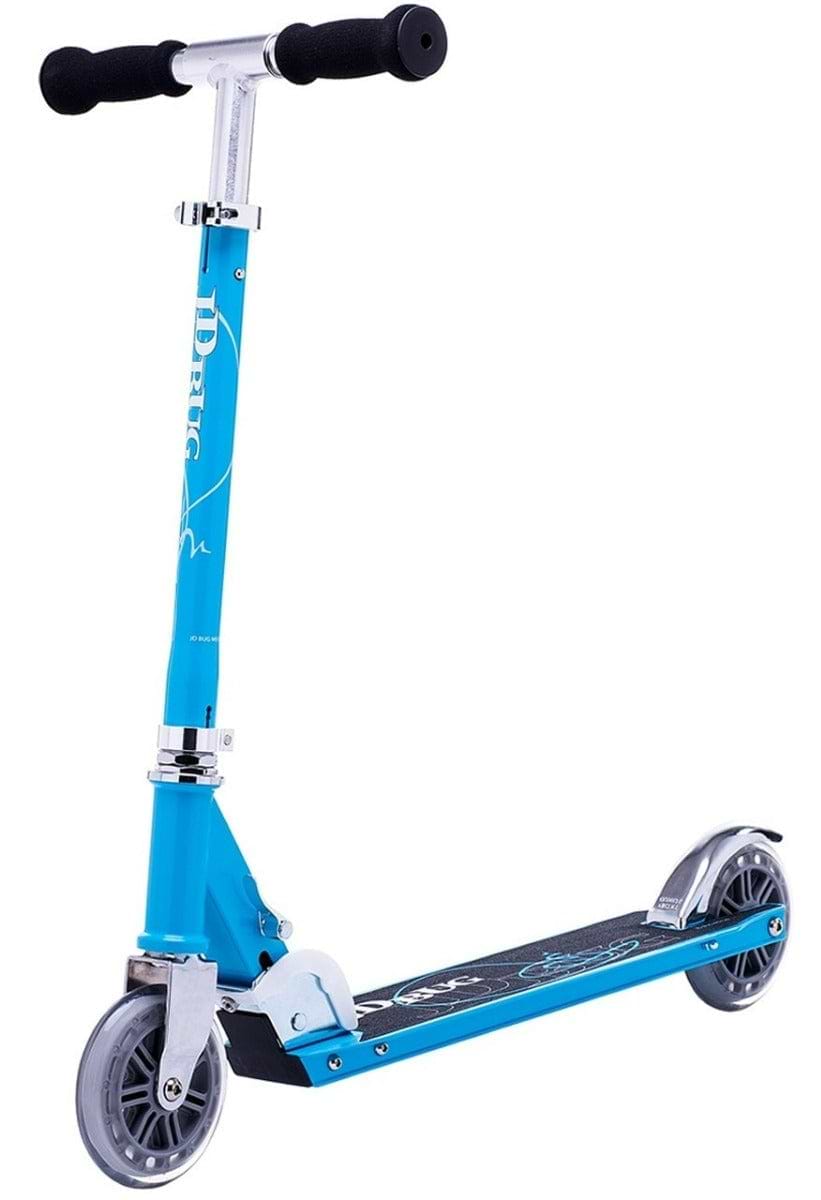 The JD Bug Classic Street 120 Kids Foldable Kick Scooter in Sky Blue from JD Bug is a stylish kick scooter with black foam grips, two wheels, and a graphic-adorned deck. Its lightweight, foldable design and adjustable handlebar make it perfect for kids and adults desiring convenience.