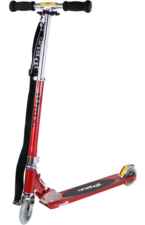 The JD Bug Original Street MS130B Foldable Kick Scooter - Red Glow Pearl is a lightweight kids' scooter with a red and silver frame, black foam handlebars, and two small wheels. Its folding design and carrying strap make it easy to transport when standing against a white backdrop.