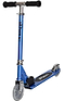 The JD Bug Junior Street MS100 Kids Foldable Kick Scooter in Reflex Blue is a lightweight scooter with shiny metal handlebars and black grips. It features two clear wheels and the brand name "JD Bug" on its stem and deck, which includes a black non-slip surface for safety.
