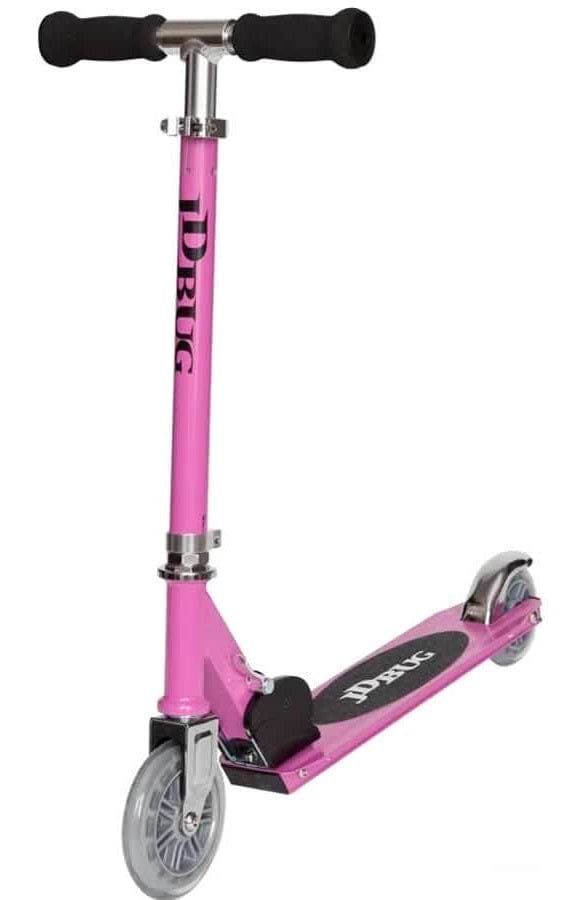 The JD Bug Junior Street MS100 Kids Foldable Kick Scooter in pastel pink has black handlebars, printed text on the stem, two wheels, a black footboard, and a rear brake for fun street adventures.