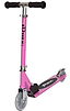 The JD Bug Junior Street MS100 Kids Foldable Kick Scooter in pastel pink has black handlebars, printed text on the stem, two wheels, a black footboard, and a rear brake for fun street adventures.
