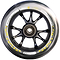 A detailed image of the wheel from the Lucky Toaster 110mm Stunt Scooter Wheel - Jon Marco Gaydos JMG Signature V4 highlights its sleek black design adorned with yellow floral patterns along the edge. The wheel features the brand name "Lucky" and includes text stating "one hundred ten millimeters" alongside "Lucky bearing technology," making it an ideal choice for fans of scooter accessories.