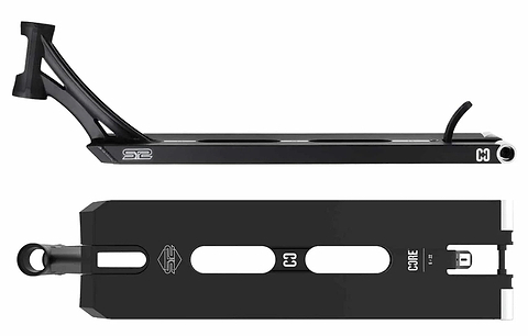 The CORE ST2 Forged Black Street Stunt Scooter Deck - 22" features top and side views with CORE brand logos. Designed for street riding, it showcases a sleek design with cutouts, a forged headtube for the front bar, and a rear brake.