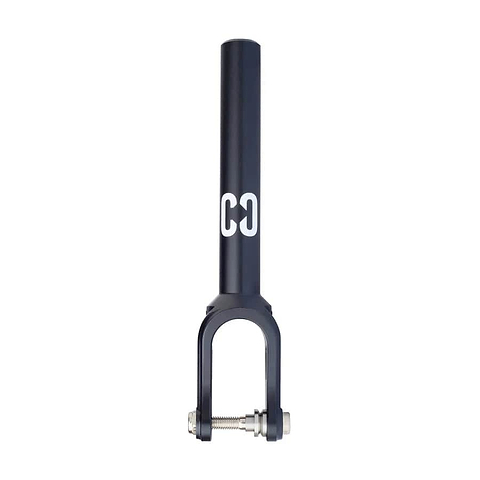 Introducing the CORE SL2 IHC Stunt Scooter Forks in black—a sleek, minimalist aluminium design featuring a silver axle bolt at the base and adorned with a white CORE logo near the top of the stem. Ideal for enhancing your IHC stunt scooter experience.