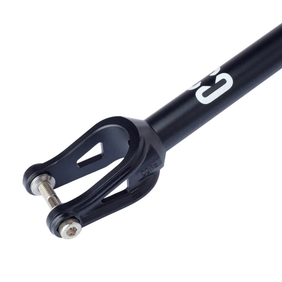 The image showcases a detailed view of the CORE SL2 IHC Stunt Scooter Forks in black. This stylish aluminium fork, perfect for stunt riding, includes two prongs and a bolt for easy attachment, with subtle CORE branding along the side. The scene is set against a white background.