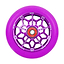 The CORE Hex Hollow Core 110mm Stunt Scooter Wheel - Purple showcases a captivating purple geometric spoke design and a bold red core. It is equipped with ABEC 9 Bearings and an 88a compound for exceptional performance. The wheel features white text encircling the edge, highlighting the CORE brand and specifications, blending style with quality.