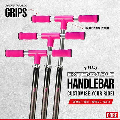 The CORE Foldy Kids LED Foldable Scooter - Black / Pink features a set of three black handlebars, each with pink foam grips, displayed at various lengths to demonstrate their extendable nature. The lightweight design stands out, complemented by comfortable foam grips and a plastic clamp system that allows for adjustable handlebar sizes: 660mm (26in), and 880mm (33.9in). The CORE brand logo is neatly positioned at the bottom right corner.