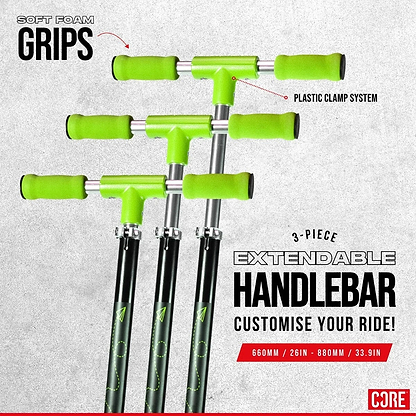 The "CORE" three-piece extendable handlebar, ideal for the CORE Foldy Kids LED Foldable Scooter in black and green, includes green soft foam grips and a plastic clamp system, allowing for adjustable lengths of 660mm (26in), 880mm (33.9in). This versatile handlebar design is perfect for setting up a foldable scooter or kids' LED scooter.