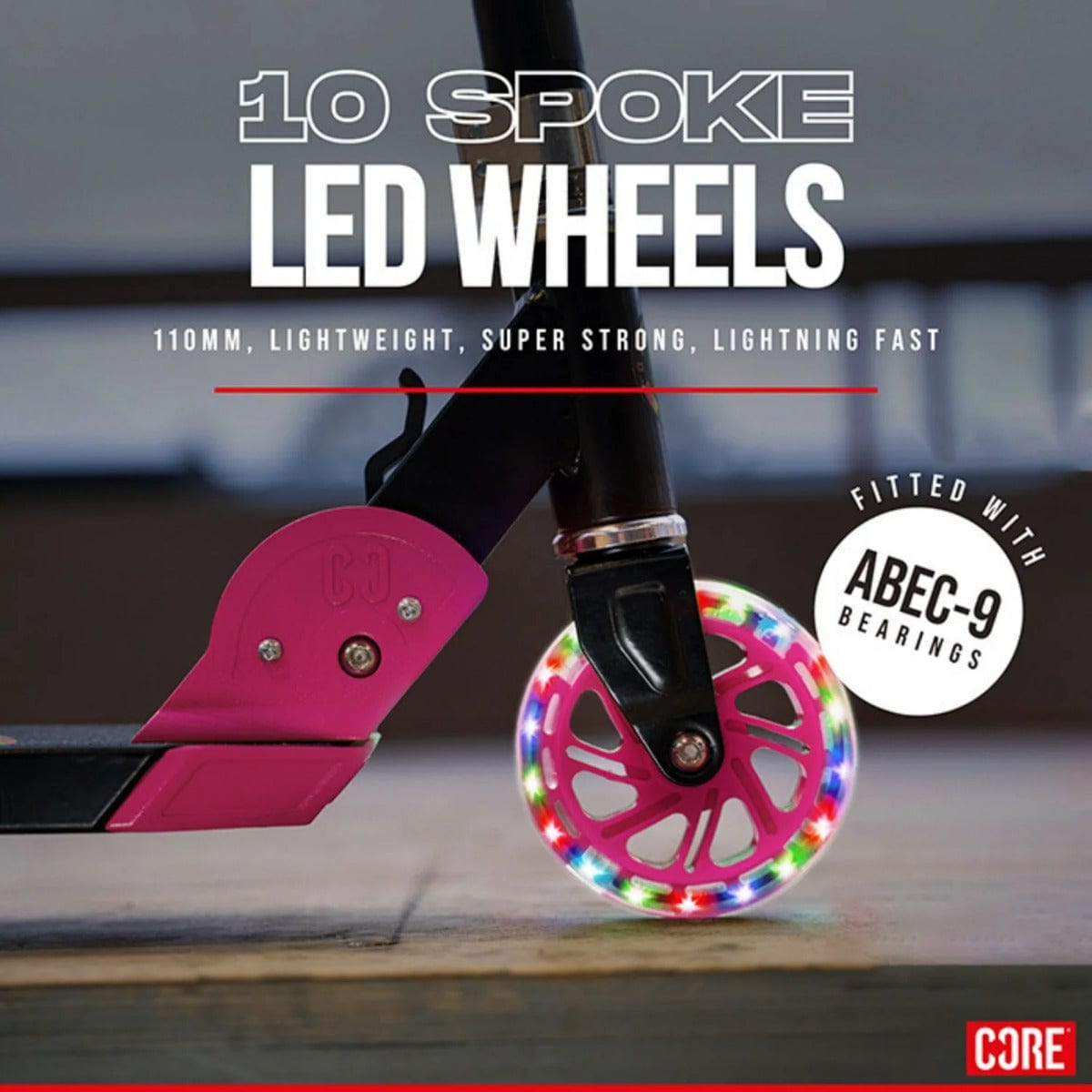 The CORE Foldy Kids LED Foldable Scooter in Black and Pink, by CORE, features an adjustable handlebar and vibrant 10-spoke LED wheels. Its lightweight construction ensures it's durable and fast, equipped with 110mm wheels and ABEC-9 bearings, making it ideal for young adventurers.