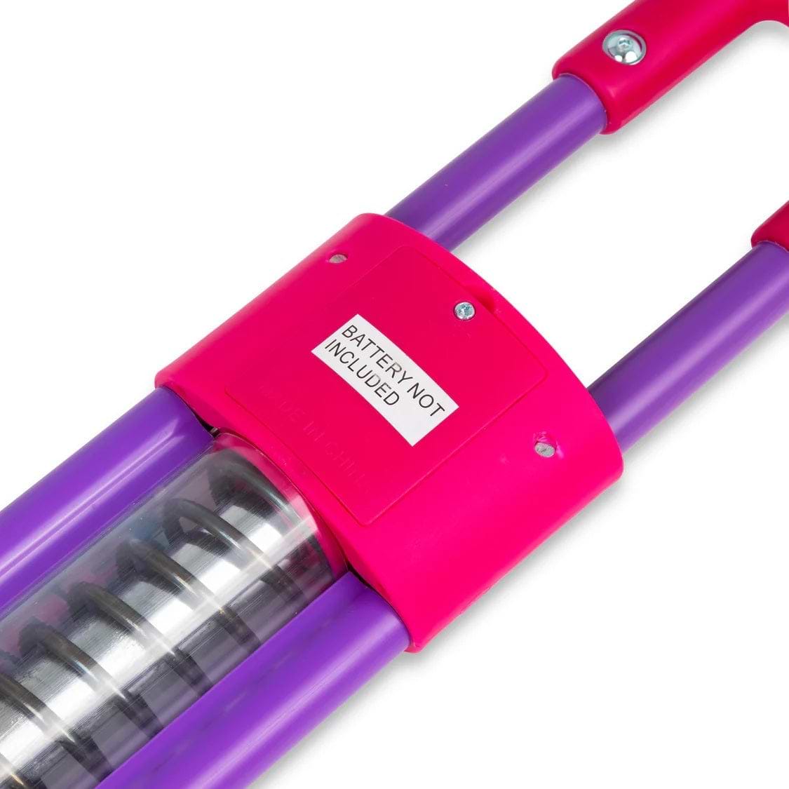 Close-up of a pink and purple toy vacuum with a silver roller and "BATTERY NOT INCLUDED" label, ideal for kids who enjoy fun toys like the Ozbozz Go Light Up Kids Pogo Stick - Pink from Ozbozz.