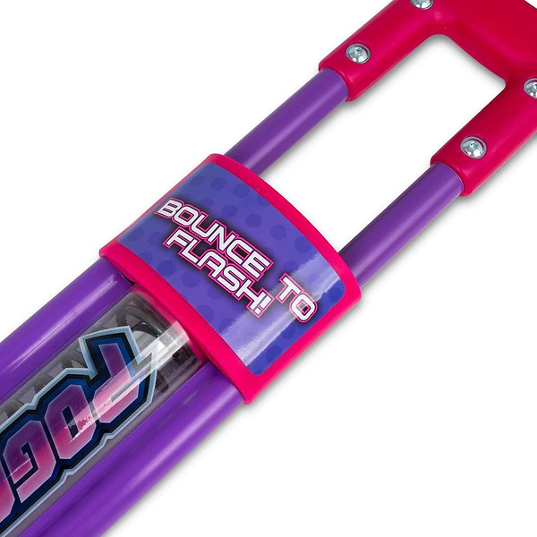 Close-up of the Ozbozz Go Light Up Kids Pogo Stick - Pink by Ozbozz, featuring purple handles and pink accents. The label reads "BOUNCE TO FLASH!"—a fun light-up pogo stick perfect for kids.