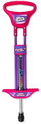 The Ozbozz Go Light Up Kids Pogo Stick - Pink features a pink handle and footrests with textured grips, purple body, blue accents, and labels like "Bounce to Flash!" and "Mega Spring." Brand: Ozbozz.