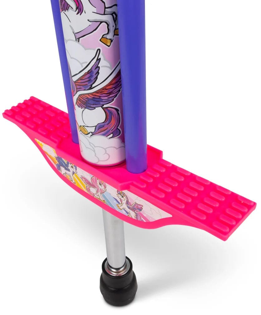 A close-up of the Ozbozz Unicorn Kids Pogo Stick - Pink, featuring the Ozbozz brand, pink footrests, and playful unicorn and princess illustrations on the pole and platform.
