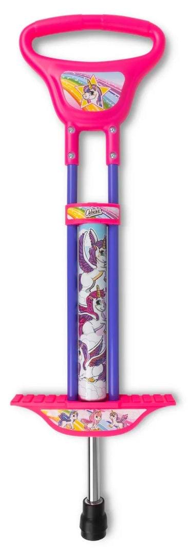 The Ozbozz Unicorn Kids Pogo Stick - Pink by Ozbozz features a pink handle and footrests, a purple shaft, and unicorn and rainbow illustrations on the handle and shaft—perfect for kids who love colorful fun.
