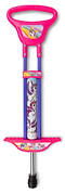The Ozbozz Unicorn Kids Pogo Stick - Pink by Ozbozz features a pink handle and footrests, a purple shaft, and unicorn and rainbow illustrations on the handle and shaft—perfect for kids who love colorful fun.
