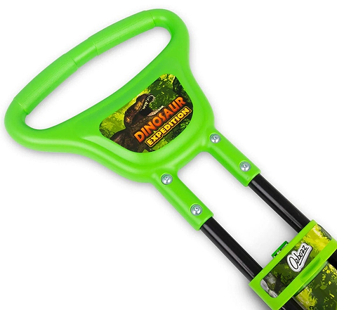 Close-up of the bright green handle on the Ozbozz Dinosaur Kids Pogo Stick, featuring a dinosaur graphic and sturdy black metal rods. Part of the bold green and black Ozbozz frame is also visible.
