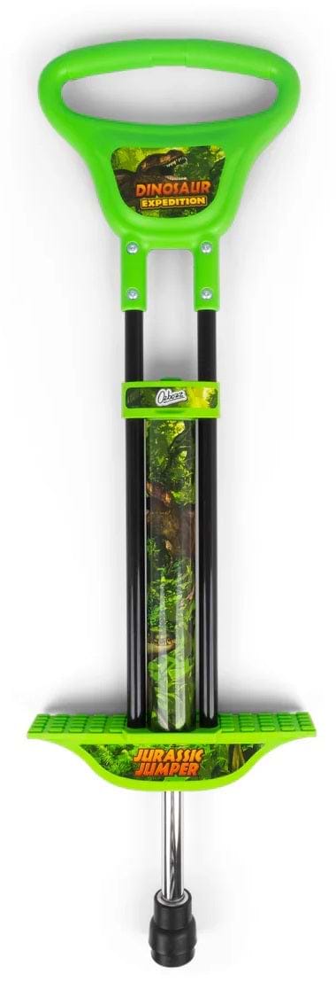The Ozbozz Dinosaur Kids Pogo Stick - Green features black handles, footrests, and fun dinosaur-themed graphics with "Dinosaur Expedition" and "Jurassic Jumper" text.