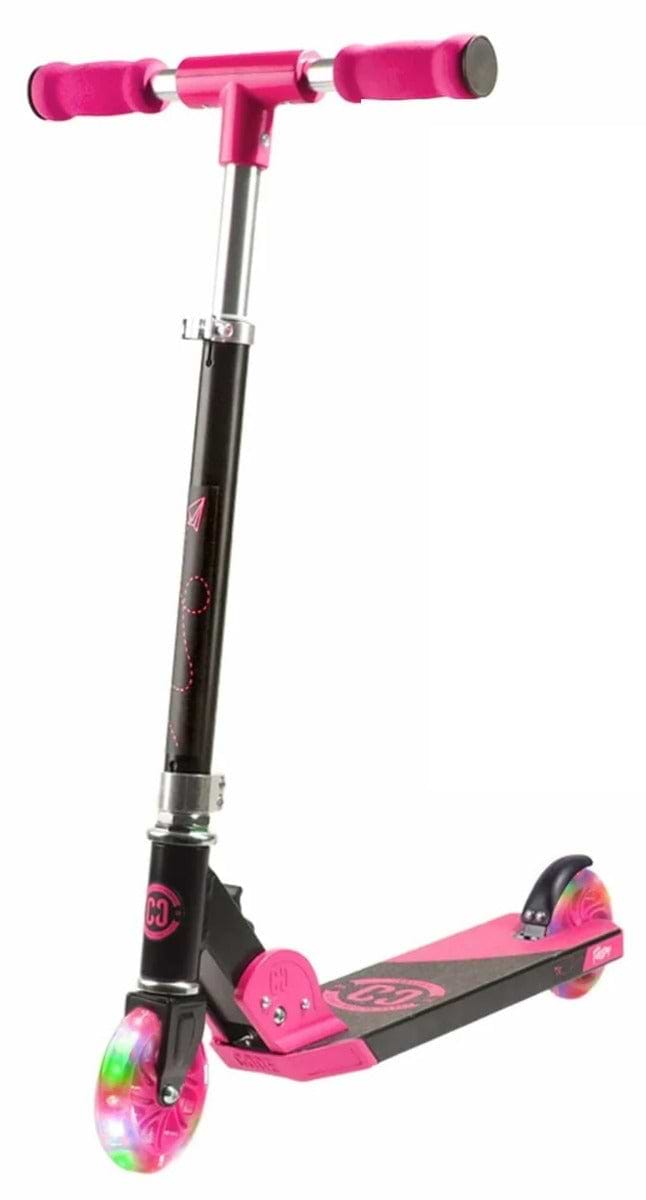 The CORE Foldy Kids LED Foldable Scooter in black and pink features light-up wheels, a lightweight design, and adjustable handlebars with pink grips. The deck is accented in pink with the CORE logo. This foldable scooter includes a rear brake for easy transport.