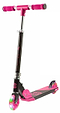 The CORE Foldy Kids LED Foldable Scooter in black and pink features light-up wheels, a lightweight design, and adjustable handlebars with pink grips. The deck is accented in pink with the CORE logo. This foldable scooter includes a rear brake for easy transport.