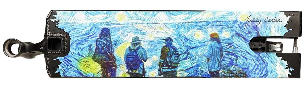 Introducing the Madd Gear MGP MFX Juzzy Carter V2 Signature Black Stunt Scooter Deck: this 6" x 23" scooter deck features a design inspired by Van Gogh's "Starry Night," showcasing silhouettes of four figures against a swirling blue sky with yellow stars and a crescent moon—ideal for any pro scooter enthusiast.