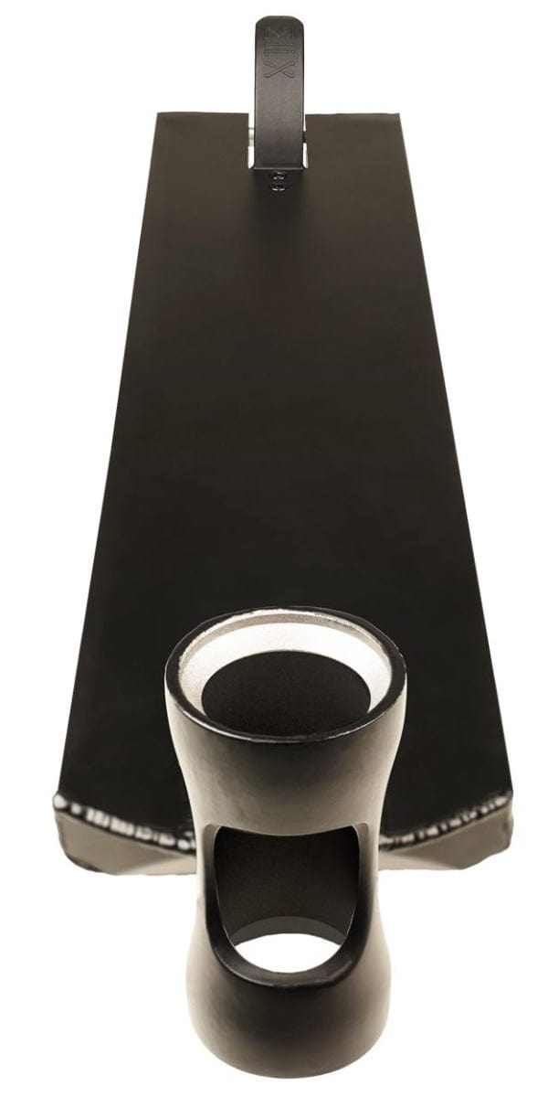 A black, wedge-shaped platform with a smooth surface and a cylindrical cutout design beneath it resembles the Madd Gear MGP MFX Juzzy Carter V2 Signature Black Stunt Scooter Deck. The white background enhances its sleek, minimalist appearance, making it feel like a piece of modern art.