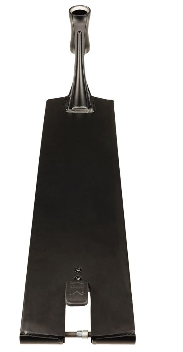 A black, boomerang-shaped paddle featuring a handle on top and showcasing a slender, elongated body with a metallic attachment at the base closely resembles the style of the Madd Gear MGP MFX Juzzy Carter V2 Signature Black Stunt Scooter Deck - 6" x 23".
