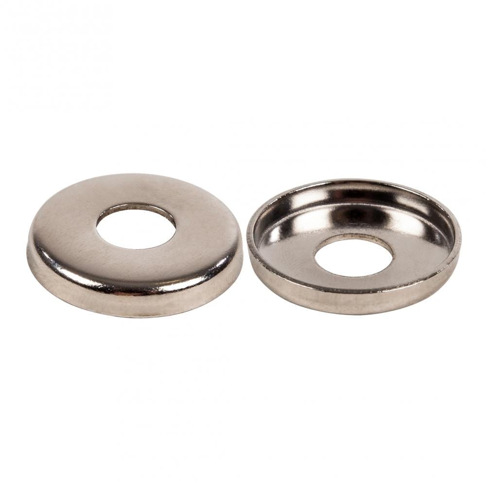 Against a white background are two round, silver-colored metal washers. One is flat with a center hole, while the other resembles the Sushi Skateboard Kingpin Single Washer - Bottom from Sushi, featuring a slightly raised circular edge that resembles bushings.