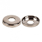 Against a white background are two round, silver-colored metal washers. One is flat with a center hole, while the other resembles the Sushi Skateboard Kingpin Single Washer - Bottom from Sushi, featuring a slightly raised circular edge that resembles bushings.
