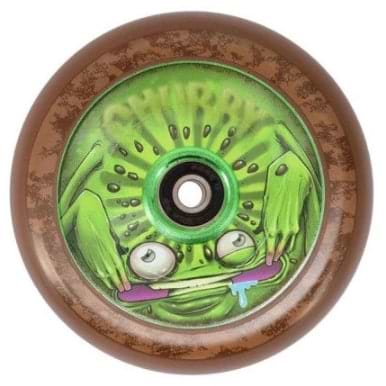 A skateboard wheel showcases a green, cartoonish creature with wide eyes and a mischievous grin, holding a toothbrush. The whimsical design of the "Chubby 110mm Hollowcore Stunt Scooter Wheel - Kiwi Boy" by Chubby stands out against the brown rim, adding flair to your ride.
