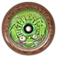 A skateboard wheel showcases a green, cartoonish creature with wide eyes and a mischievous grin, holding a toothbrush. The whimsical design of the "Chubby 110mm Hollowcore Stunt Scooter Wheel - Kiwi Boy" by Chubby stands out against the brown rim, adding flair to your ride.