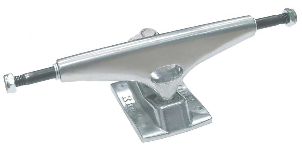 The Krux K5 Standard Silver Skateboard Trucks (pair) - 149mm from Krux boast a T-shaped metal body with a central pivot hole and protruding axles on each end. The rectangular baseplate is equipped with mounting holes for securing to a skateboard deck, providing smooth grinds for every skater.