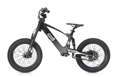 Introducing the Revvi 18" Kids Electric Balance Bike in Black, designed by Revvi. This bike features an eye-catching geometric pattern with red accents on a sleek frame. It's equipped with thick off-road tires for tackling any terrain and boasts front and rear hydraulic disc brakes for optimal safety. Handlebar grips and mounted controls ensure precision handling, making it perfect for adventure-ready kids.
