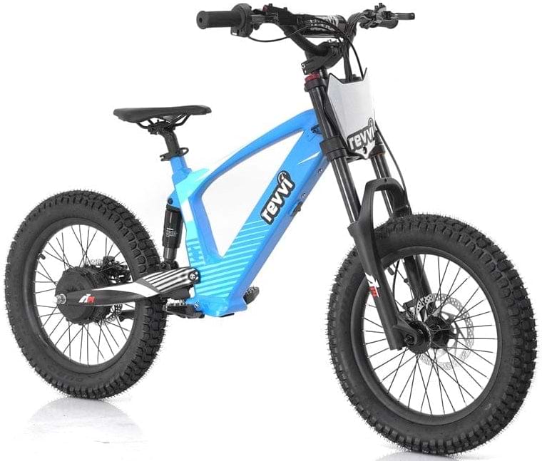 The Revvi 18" Kids Electric Balance Bike in blue, crafted by Revvi, offers a sleek design with advanced hydraulic disc brakes to ensure smooth and efficient stopping power for easy riding.