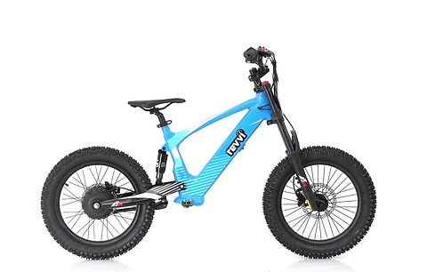 Introducing the Revvi 18" Kids Electric Balance Bike in blue, by Revvi. This bike is equipped with thick black tires and a robust frame, featuring a comfortable black seat. Designed for rugged terrains, it includes a suspension fork and hydraulic disc brakes for reliable performance.