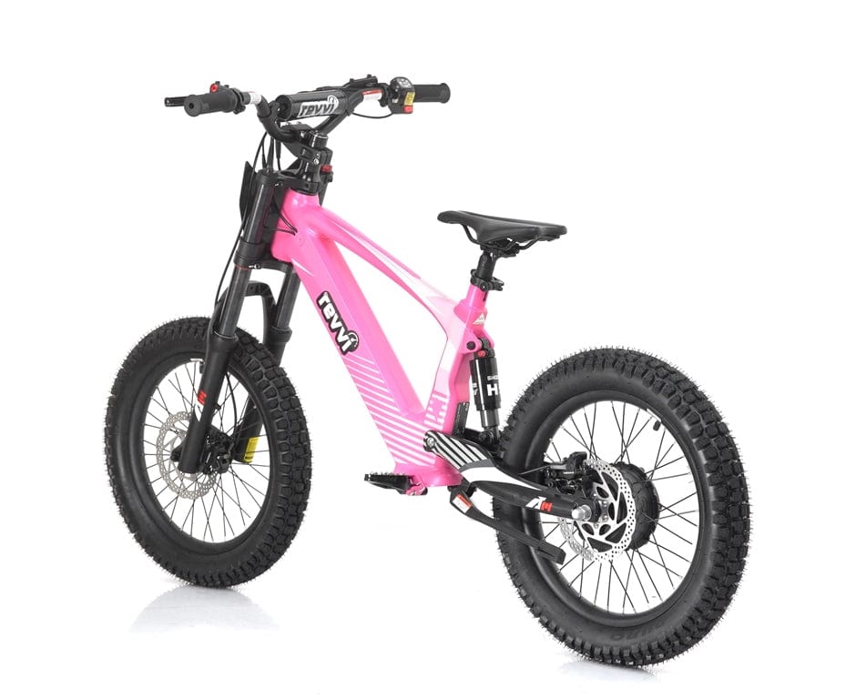 Introducing the Revvi 18" Kids Electric Balance Bike in pink, featuring a striking combination of colors and a sleek design set against a white background. This bike comes equipped with fat tires, foldable MX-style foot pegs, and boasts a sturdy frame. It also includes hydraulic disc brakes and a suspension fork for optimal performance.