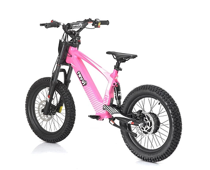 Introducing the Revvi 18" Kids Electric Balance Bike in pink, featuring a striking combination of colors and a sleek design set against a white background. This bike comes equipped with fat tires, foldable MX-style foot pegs, and boasts a sturdy frame. It also includes hydraulic disc brakes and a suspension fork for optimal performance.