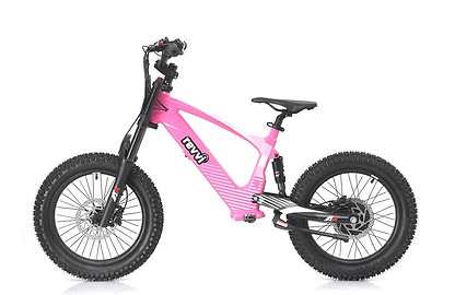 A vibrant pink Revvi 18" Kids Electric Balance Bike, equipped with hydraulic disc brakes and thick, rugged tires. It features black handlebars and a sleek seat perfect for off-road adventures, with a sturdy frame that prominently displays the Revvi brand logo.