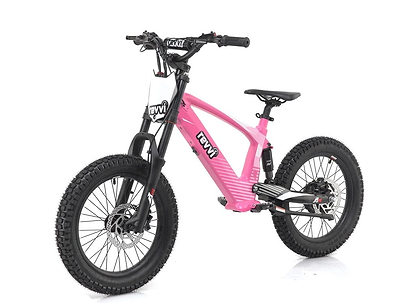 A striking pink Revvi 18" Kids Electric Balance Bike is set against a white backdrop, showcasing its robust frame, front suspension, and hydraulic disc brakes, ideal for off-road adventure.