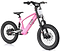 The Revvi 18" Kids Electric Balance Bike in pink is expertly crafted with thick, knobby tires ideal for off-road adventures. It features a sturdy frame and a padded seat for comfort, along with foldable MX-style foot pegs. The design is completed with black handlebars and the prominent Revvi brand logo, all highlighted against a crisp white backdrop.