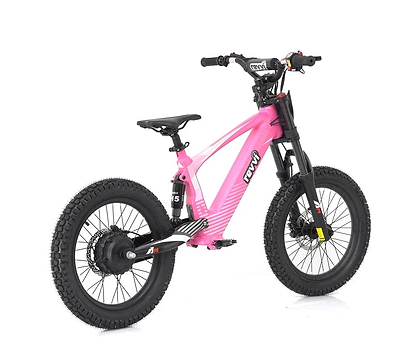 A pink Revvi 18" Kids Electric Balance Bike features thick black tires, black handlebars, and hydraulic disc brakes. The streamlined frame is designed with foldable MX-style foot pegs for added convenience. The rear suspension ensures a smooth ride while the Revvi brand name prominently stands out on the frame.