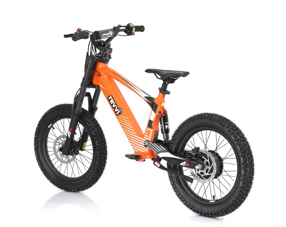 The Revvi 18" Kids Electric Balance Bike - Orange is an electric-powered motor bike featuring thick black tires and hydraulic disc brakes. Its sturdy frame prominently displays the Revvi logo, making it ideal for off-road biking adventures. This rugged design contrasts with the plain white background, ensuring it stands out.