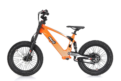 The Revvi 18" Kids Electric Balance Bike in orange features a durable frame and thick black tires, similar to an electric mountain bike. This motorized bike from Revvi comes equipped with hydraulic disc brakes and a comfortable seat, making it perfect for off-road adventures.