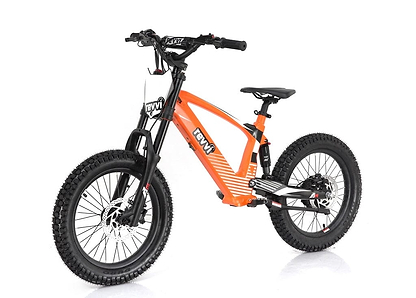 The Revvi 18" Kids Electric Balance Bike - Orange stands out with its eye-catching orange color, featuring thick knobby tires and a durable frame. This model includes an electric-powered motor, hydraulic disc brakes, and both front and rear suspension. Its sleek black handlebars and comfortable seat are set against a clean white background.